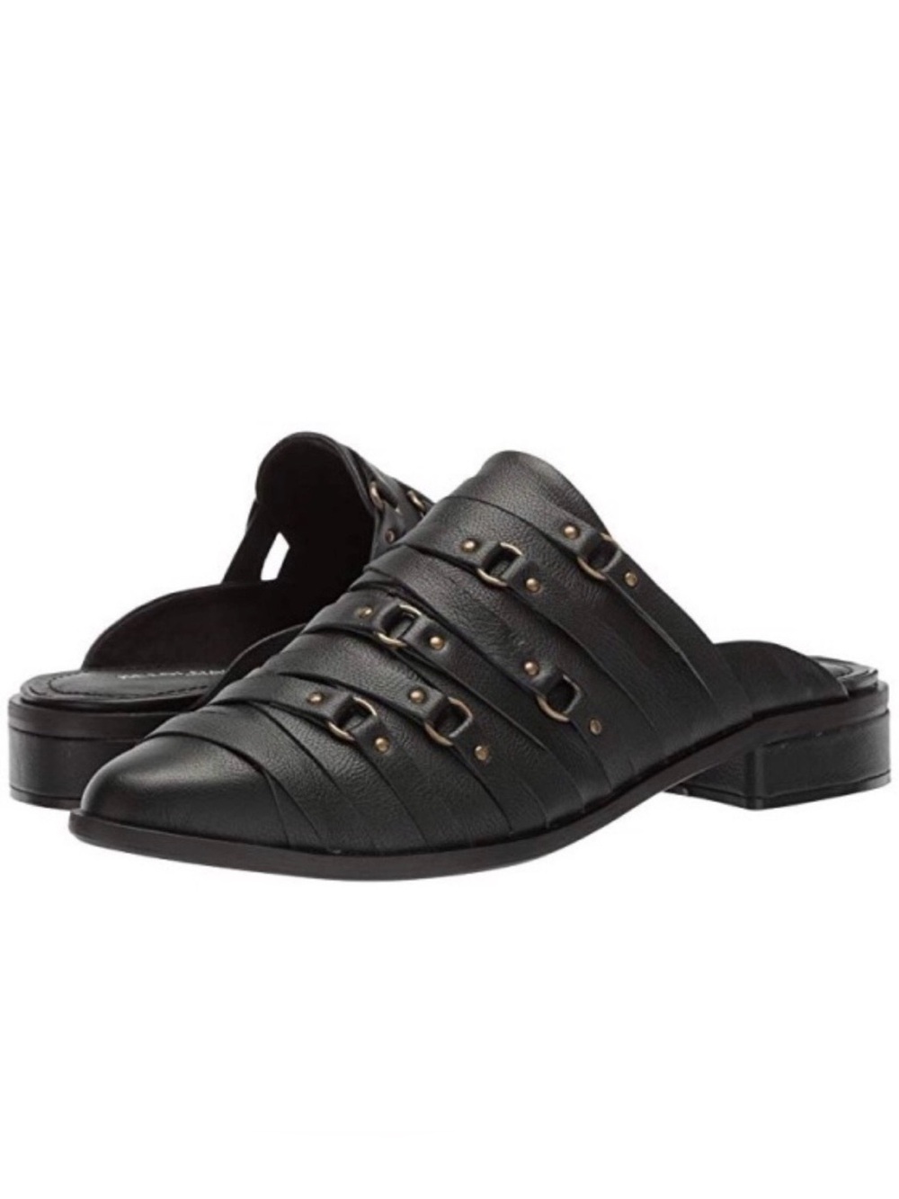 Kelsi Dagger Brooklyn Alchemy Mules Black Leather 9.5 Brass Ring Accents LNWT